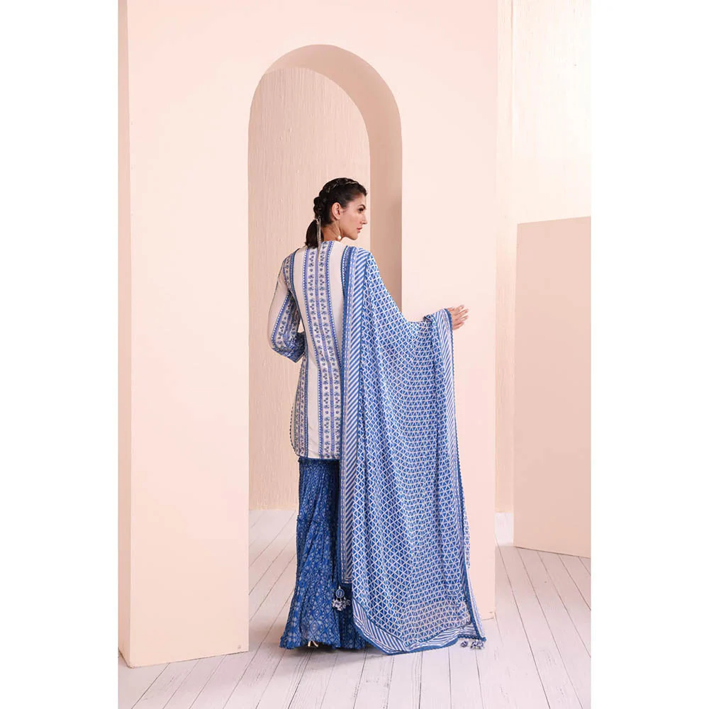 MANDIRA WIRK Blue Perwinkle Border Kurta with Sharara and Dupatta (Set of 3) - Image 5
