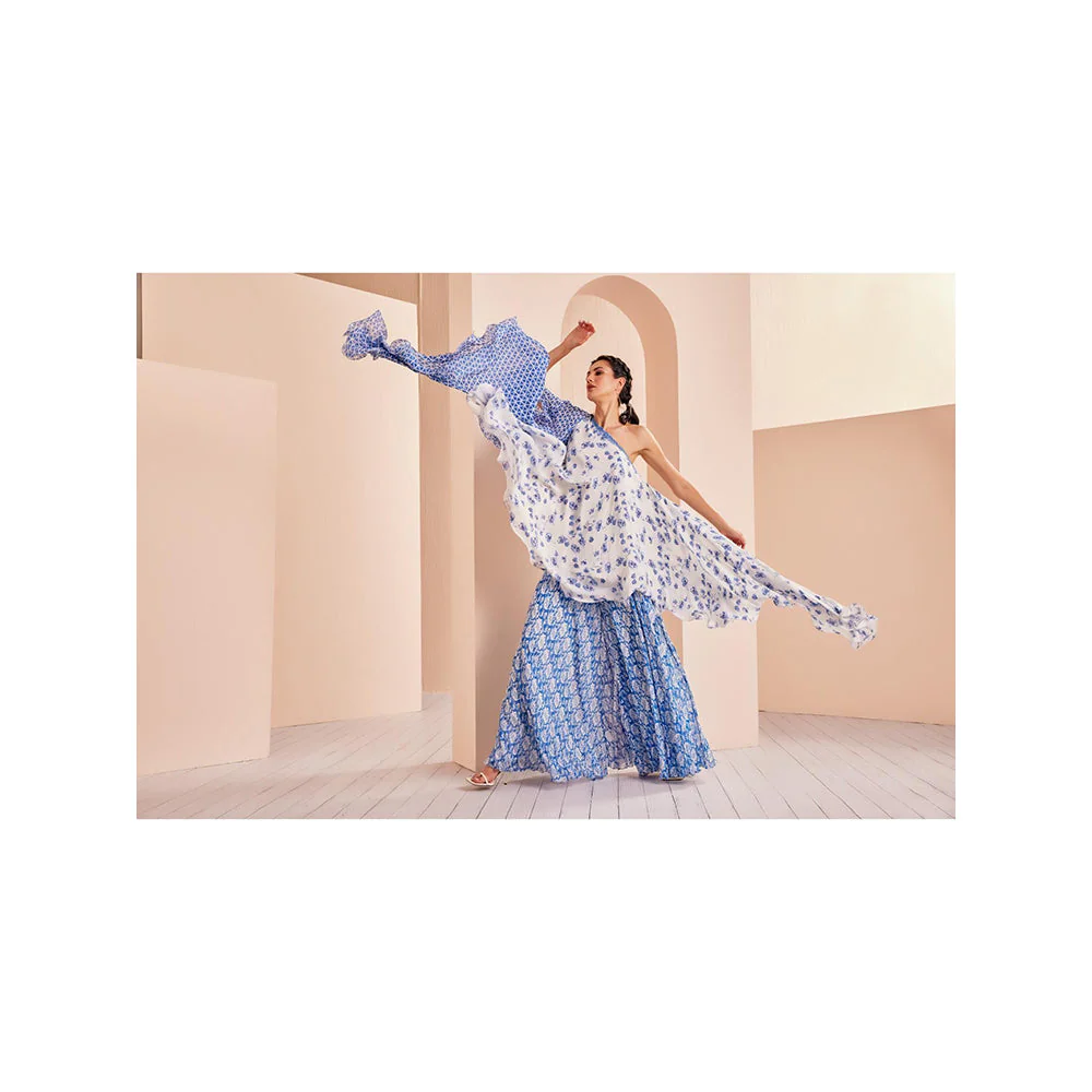 MANDIRA WIRK Blue Printed One Shoulder Stylized Chiffon Top with Sharara (Set of 2) - Image 4