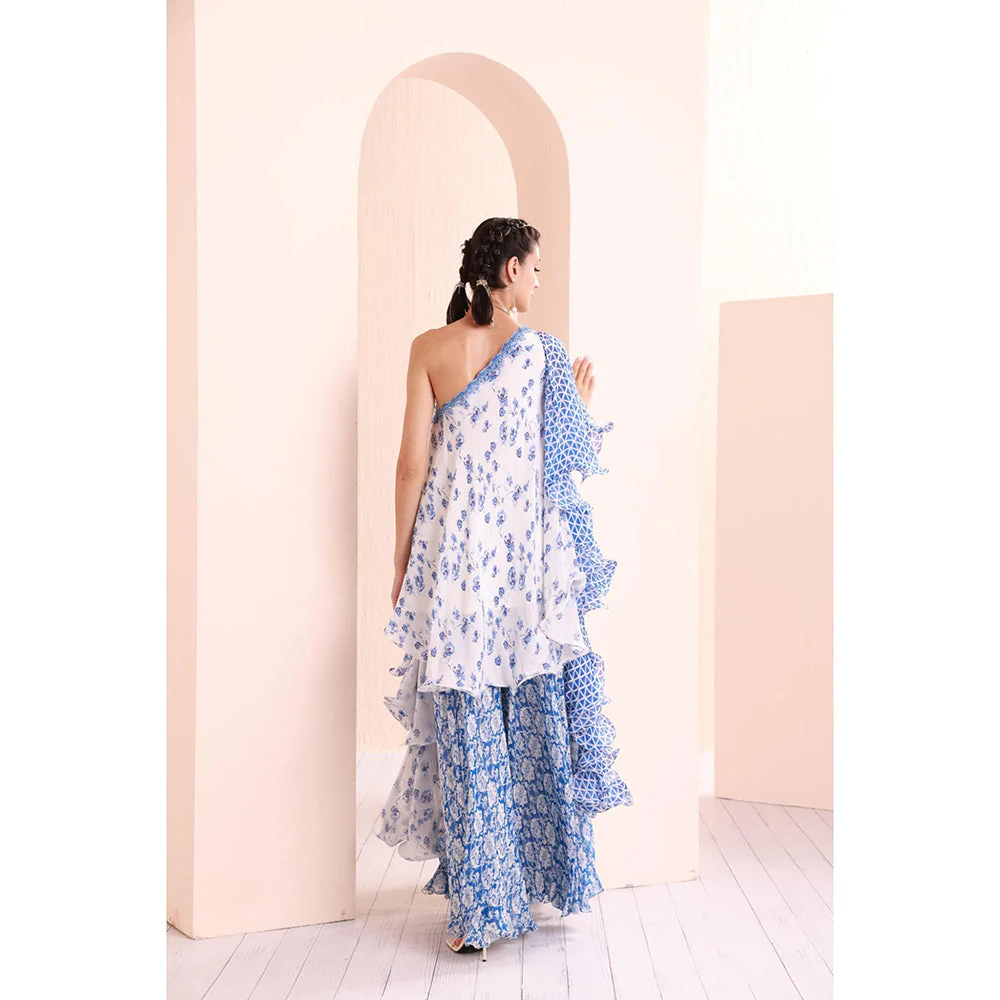 MANDIRA WIRK Blue Printed One Shoulder Stylized Chiffon Top with Sharara (Set of 2) - Image 5