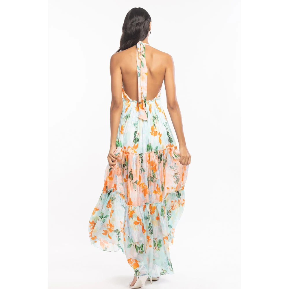 MANDIRA WIRK Chiffon Printed Layered Halter Neck Dress Peach & Blue - Image 2