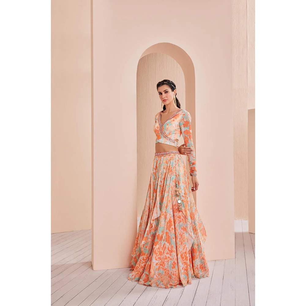 MANDIRA WIRK Chiffon Printed Lehenga with Wrap Around Blouse (Set of 3) - Image 3