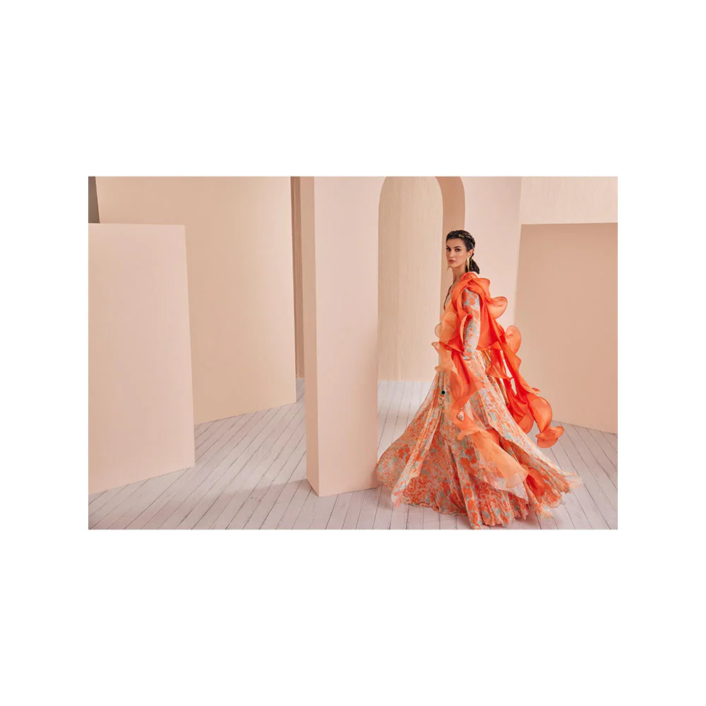 MANDIRA WIRK Chiffon Printed Lehenga with Wrap Around Blouse (Set of 3) - Image 4