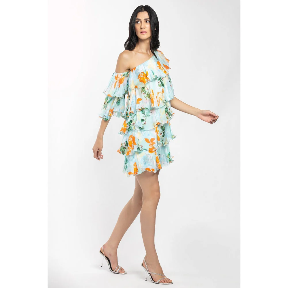 MANDIRA WIRK Chiffon Printed Tiered Short Dress Blue - Image 4