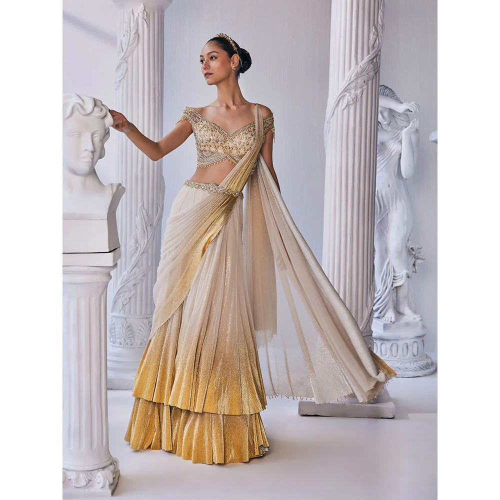 MANDIRA WIRK Cream and Golden Top with Skirt (Set of 3) - Image 3