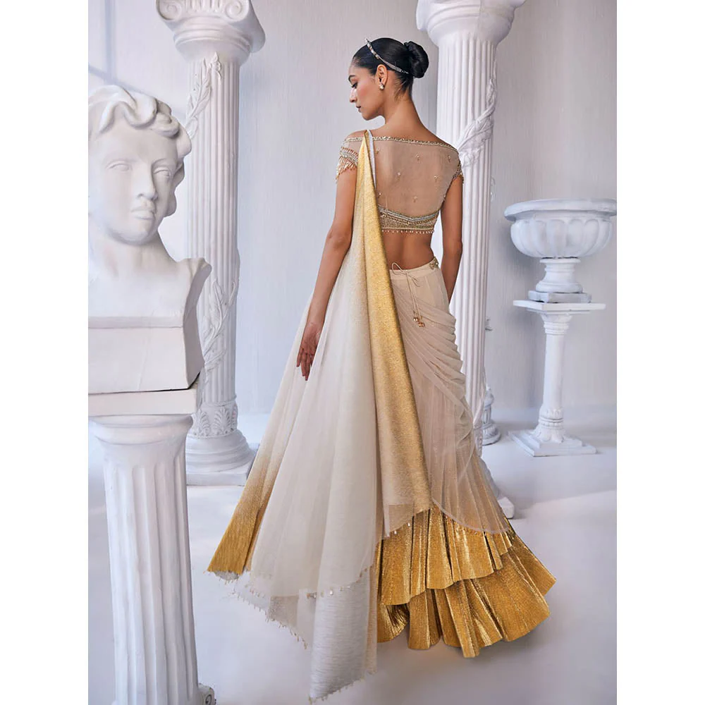 MANDIRA WIRK Cream and Golden Top with Skirt (Set of 3) - Image 4