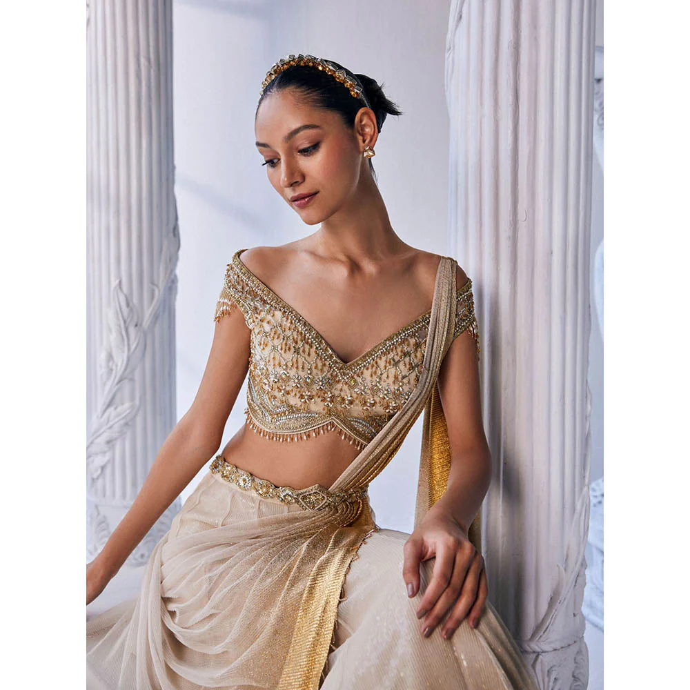 MANDIRA WIRK Cream and Golden Top with Skirt (Set of 3) - Image 5