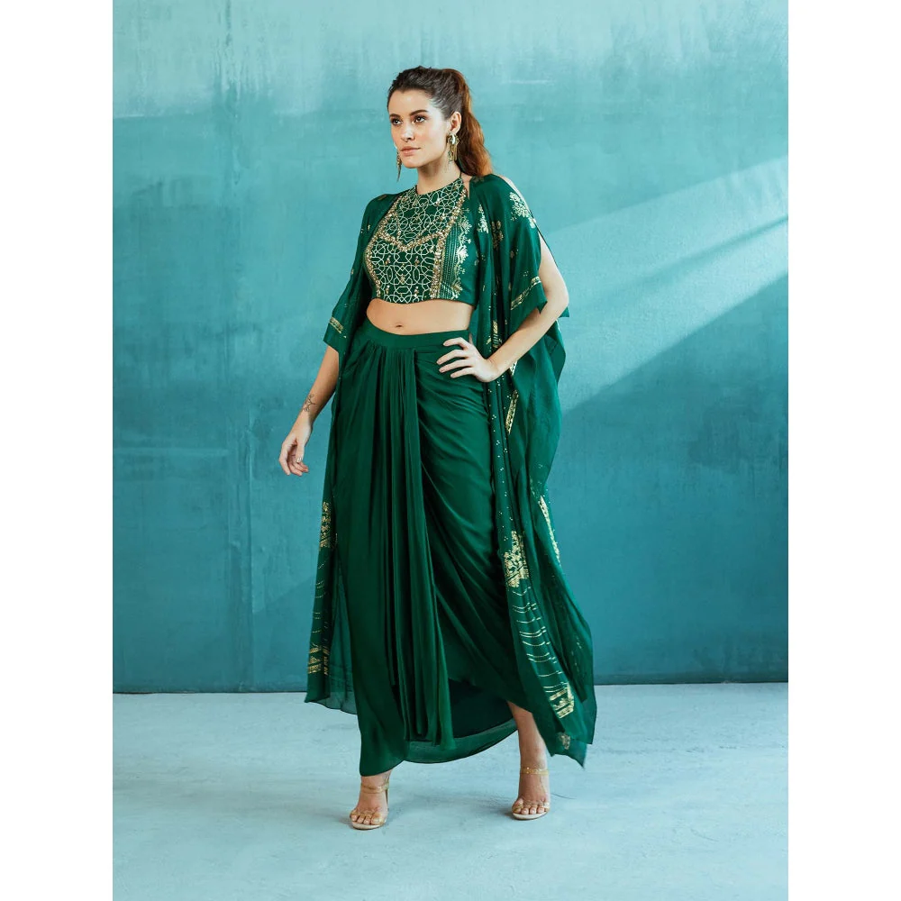 MANDIRA WIRK Emerald Green Cape with Blouse and Lehenga (Set of 3) - Image 4