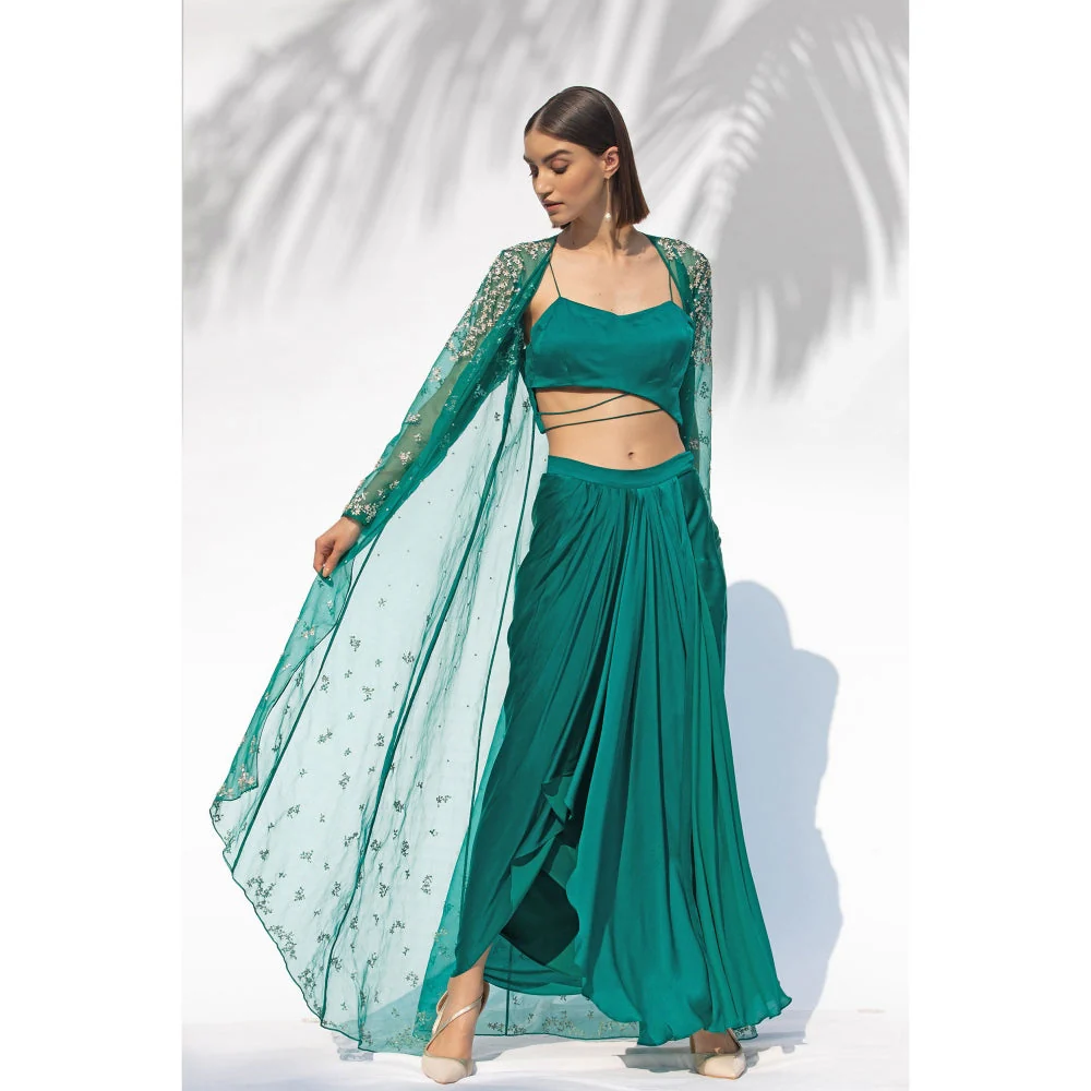 MANDIRA WIRK Emerald Green Jacket With Drape Skirt And Bustier (Set Of 3) - Image 3