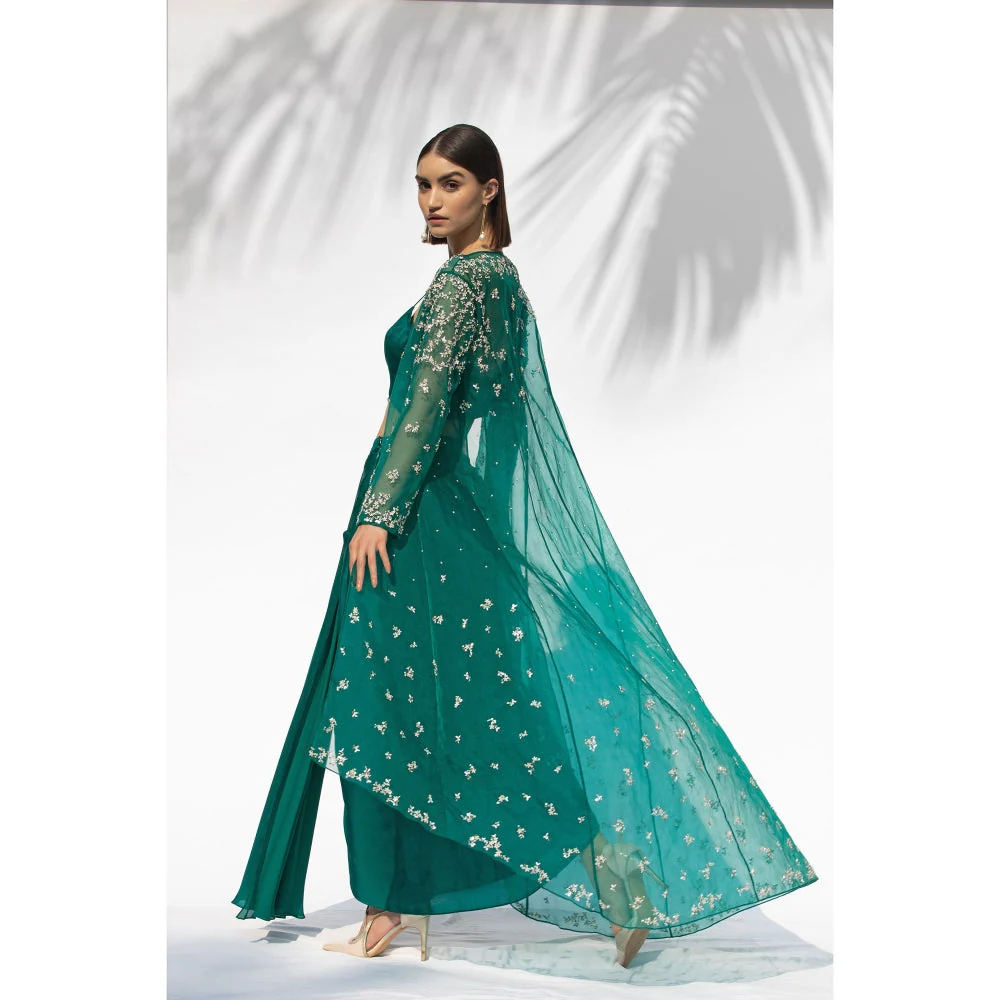 MANDIRA WIRK Emerald Green Jacket With Drape Skirt And Bustier (Set Of 3) - Image 4