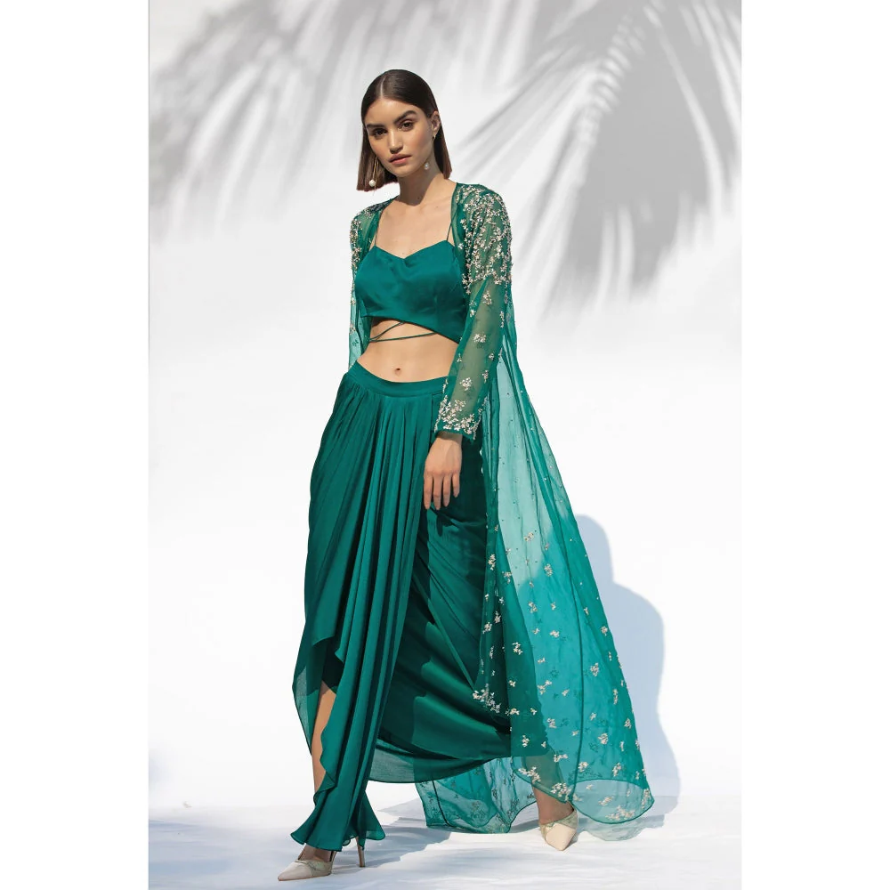 MANDIRA WIRK Emerald Green Jacket With Drape Skirt And Bustier (Set Of 3) - Image 5