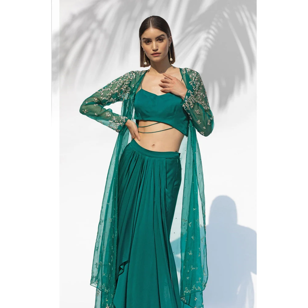 MANDIRA WIRK Emerald Green Jacket With Drape Skirt And Bustier (Set Of 3) - Image 6