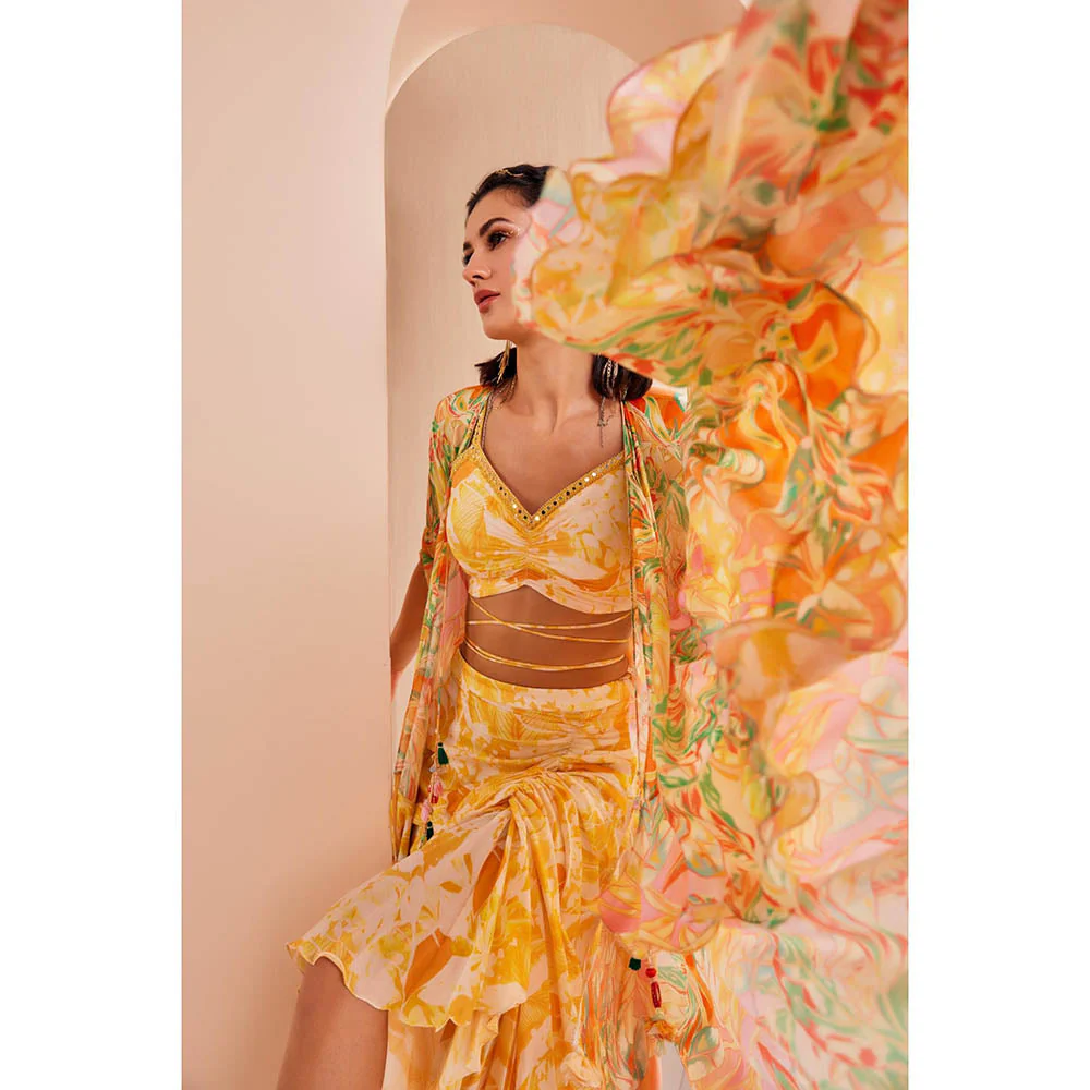 MANDIRA WIRK Fluorescent Yellow Printed Blouse with Asymmetric Skirt and Cape (Set of 3) - Image 3