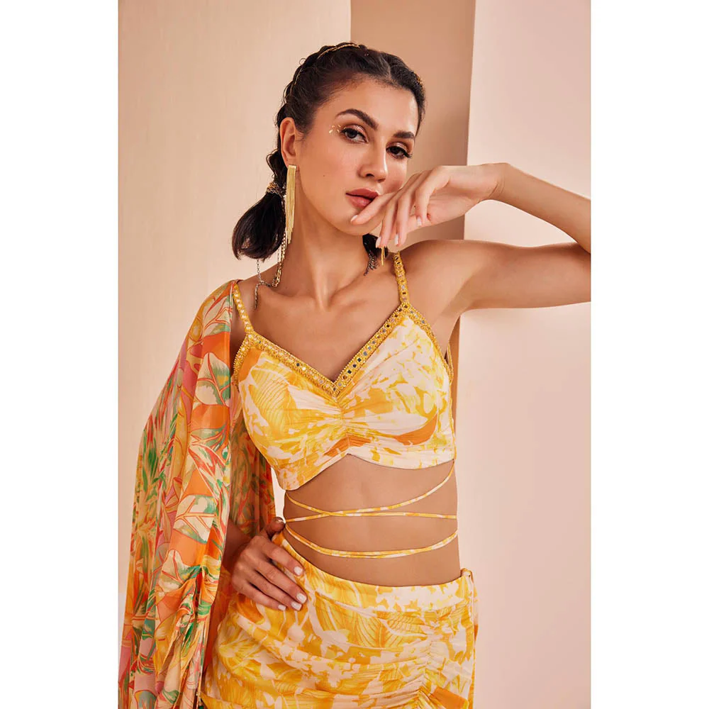MANDIRA WIRK Fluorescent Yellow Printed Blouse with Asymmetric Skirt and Cape (Set of 3) - Image 4