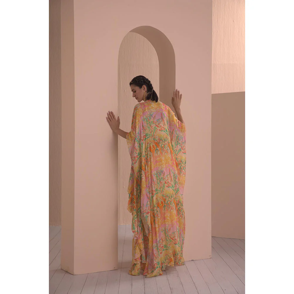 MANDIRA WIRK Fluorescent Yellow Printed Blouse with Asymmetric Skirt and Cape (Set of 3) - Image 5