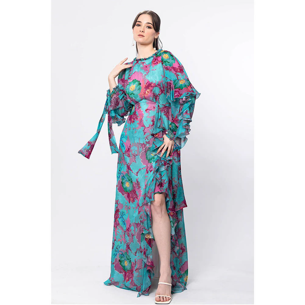 MANDIRA WIRK Forest Biome Boat Neck Tie Up Embroidered Sleeve Dress with Frill Detail - Image 3