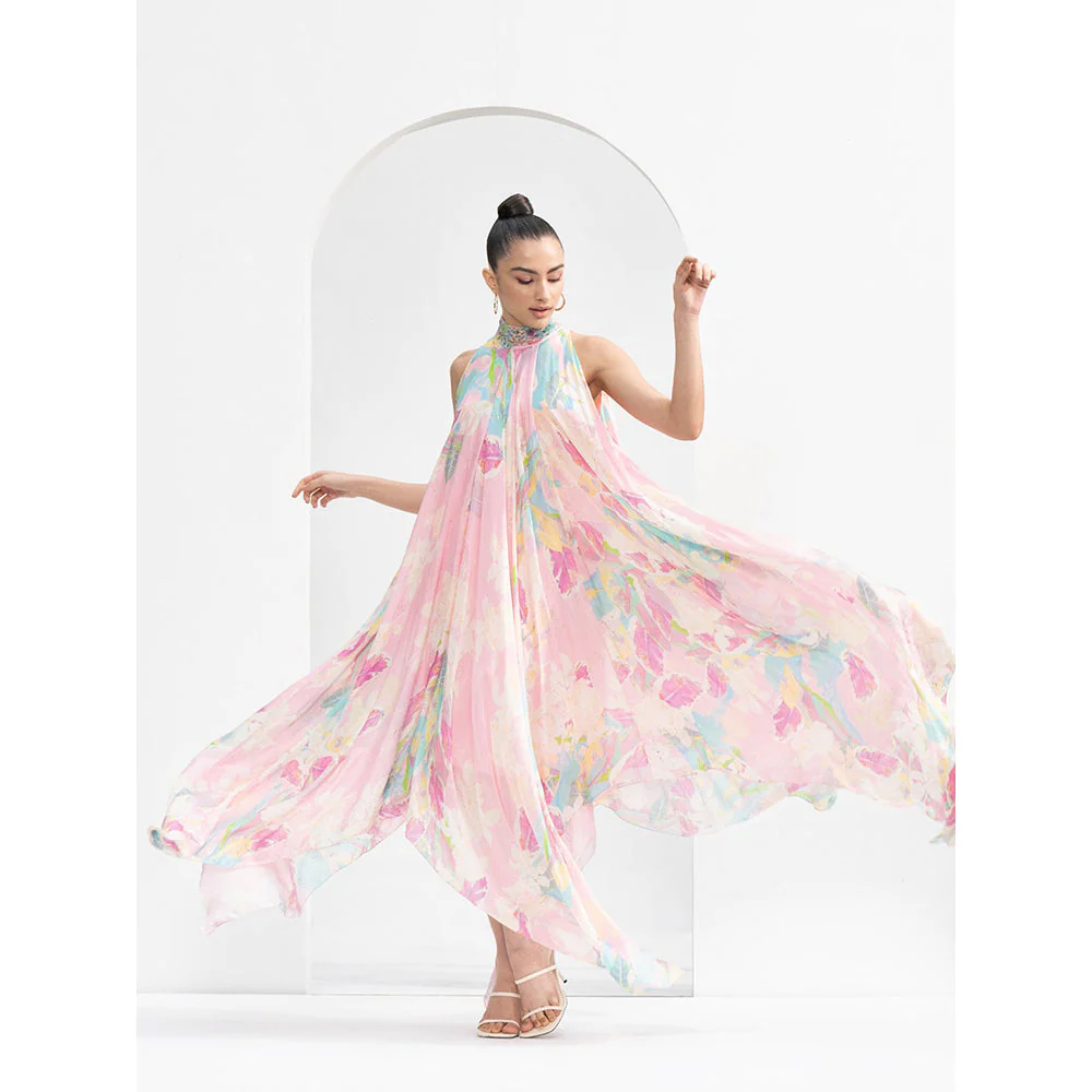 MANDIRA WIRK Gold Foil Tropical Chiffon High Low Dress with Hand Embroidered Collar - Image 5