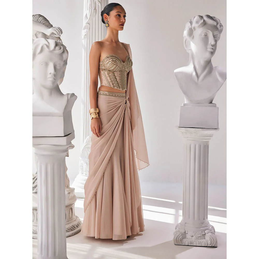 MANDIRA WIRK Golden Cream Saree with Stitched Blouse - Image 3