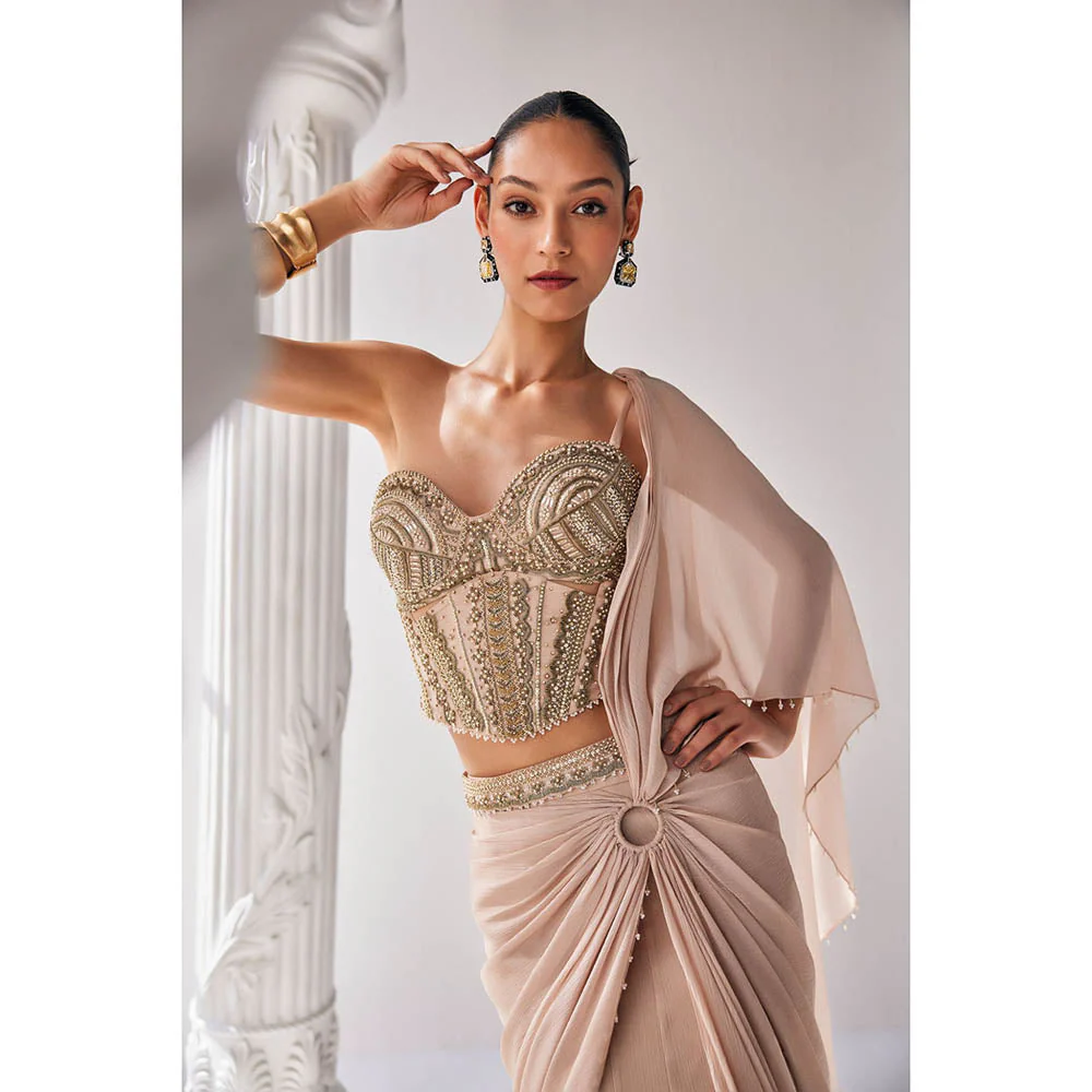MANDIRA WIRK Golden Cream Saree with Stitched Blouse - Image 5