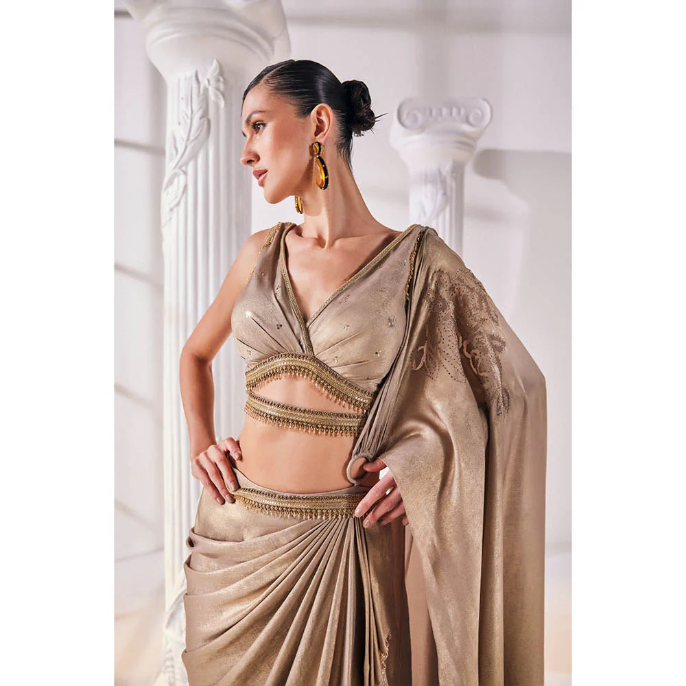 MANDIRA WIRK Golden Saree with Stitched Blouse and Belt - Image 3