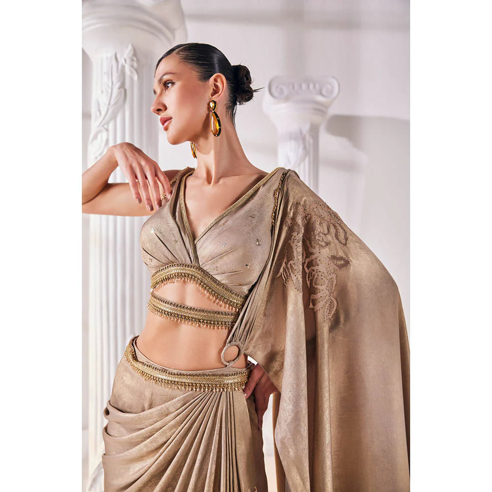 MANDIRA WIRK Golden Saree with Stitched Blouse and Belt - Image 4