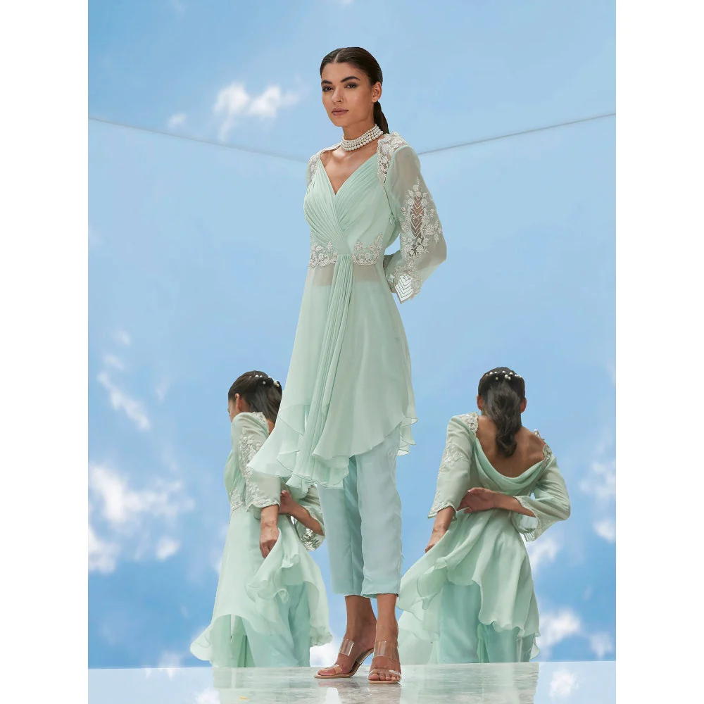 Mandira Wirk Green Dreamy Pearl Embroidered Ggt Drape Top With Pant (Set of 2) - Image 3
