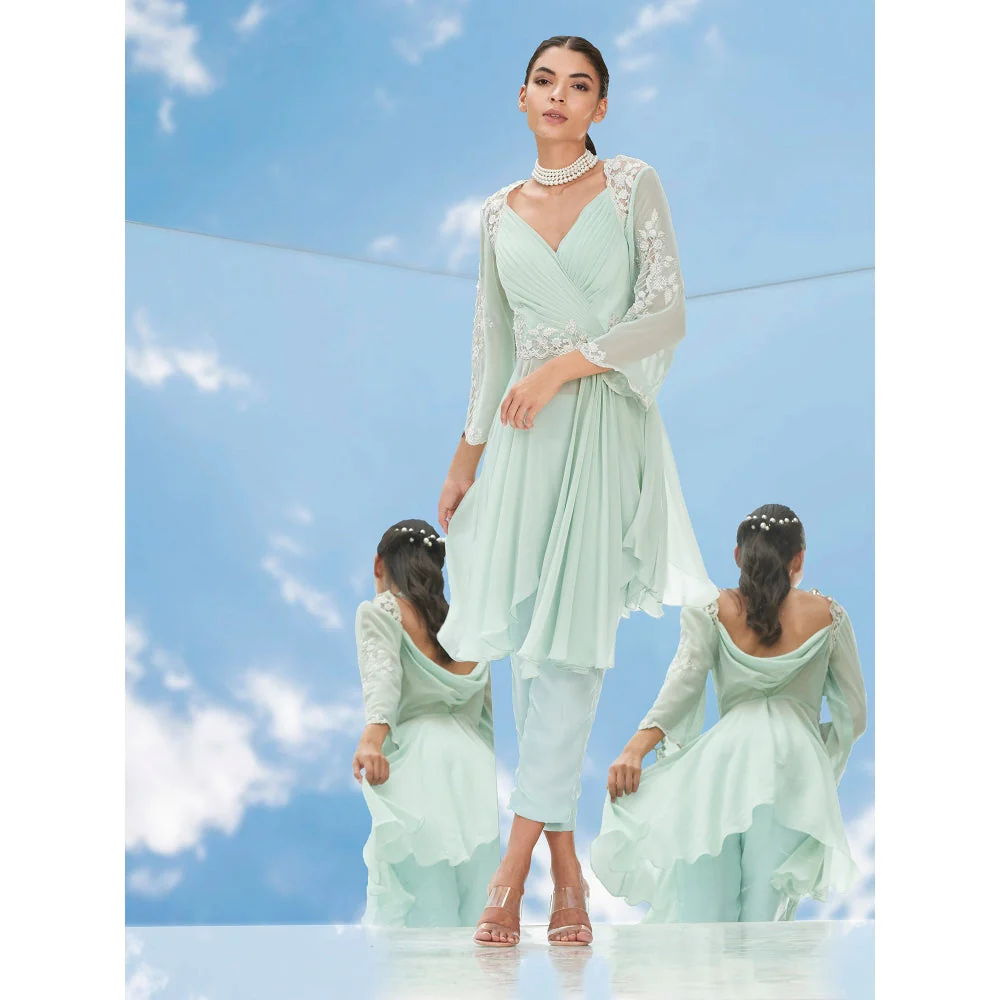Mandira Wirk Green Dreamy Pearl Embroidered Ggt Drape Top With Pant (Set of 2) - Image 4
