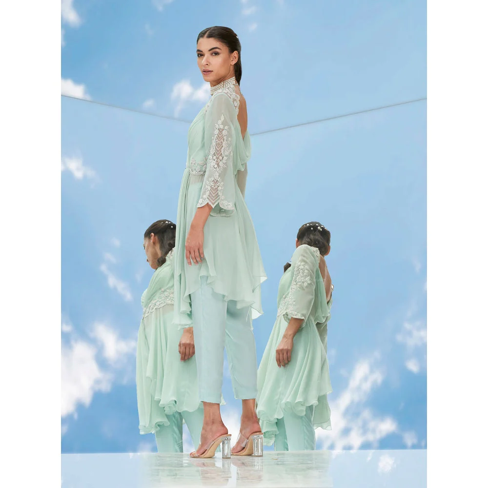 Mandira Wirk Green Dreamy Pearl Embroidered Ggt Drape Top With Pant (Set of 2) - Image 5