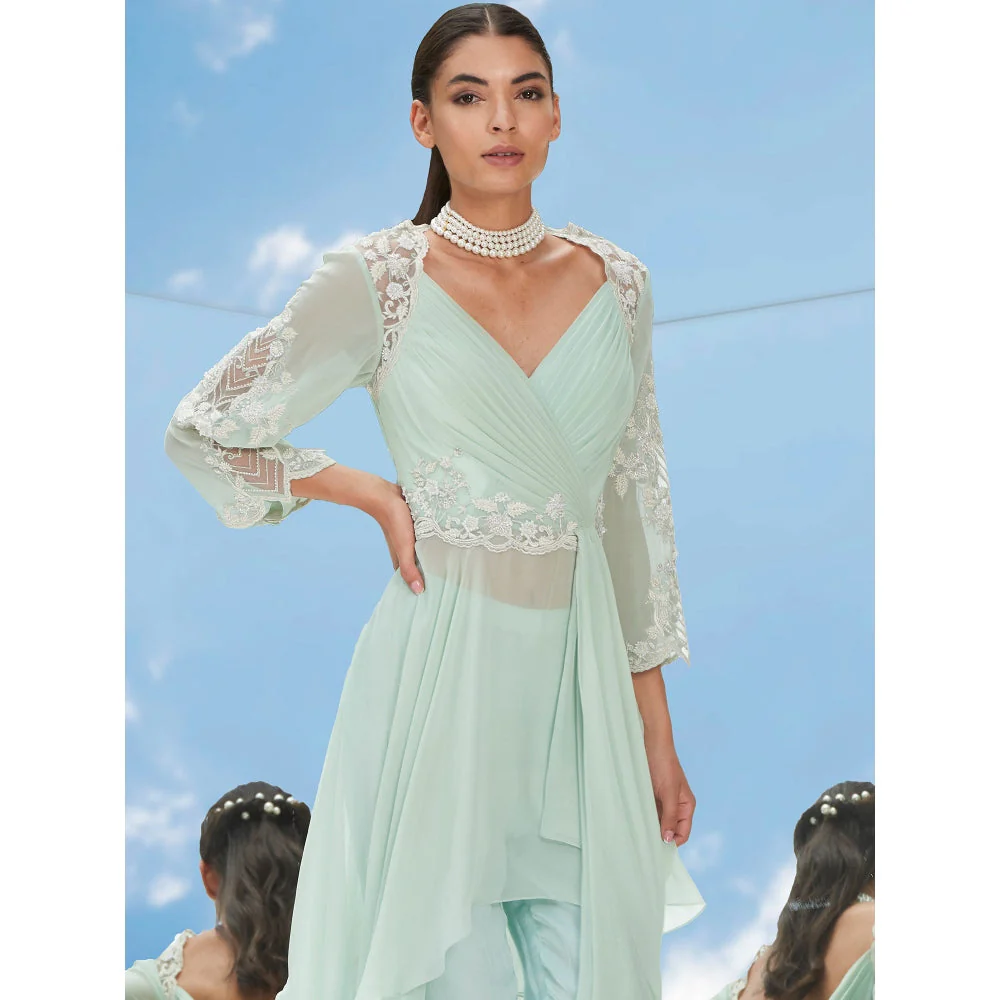 Mandira Wirk Green Dreamy Pearl Embroidered Ggt Drape Top With Pant (Set of 2) - Image 6