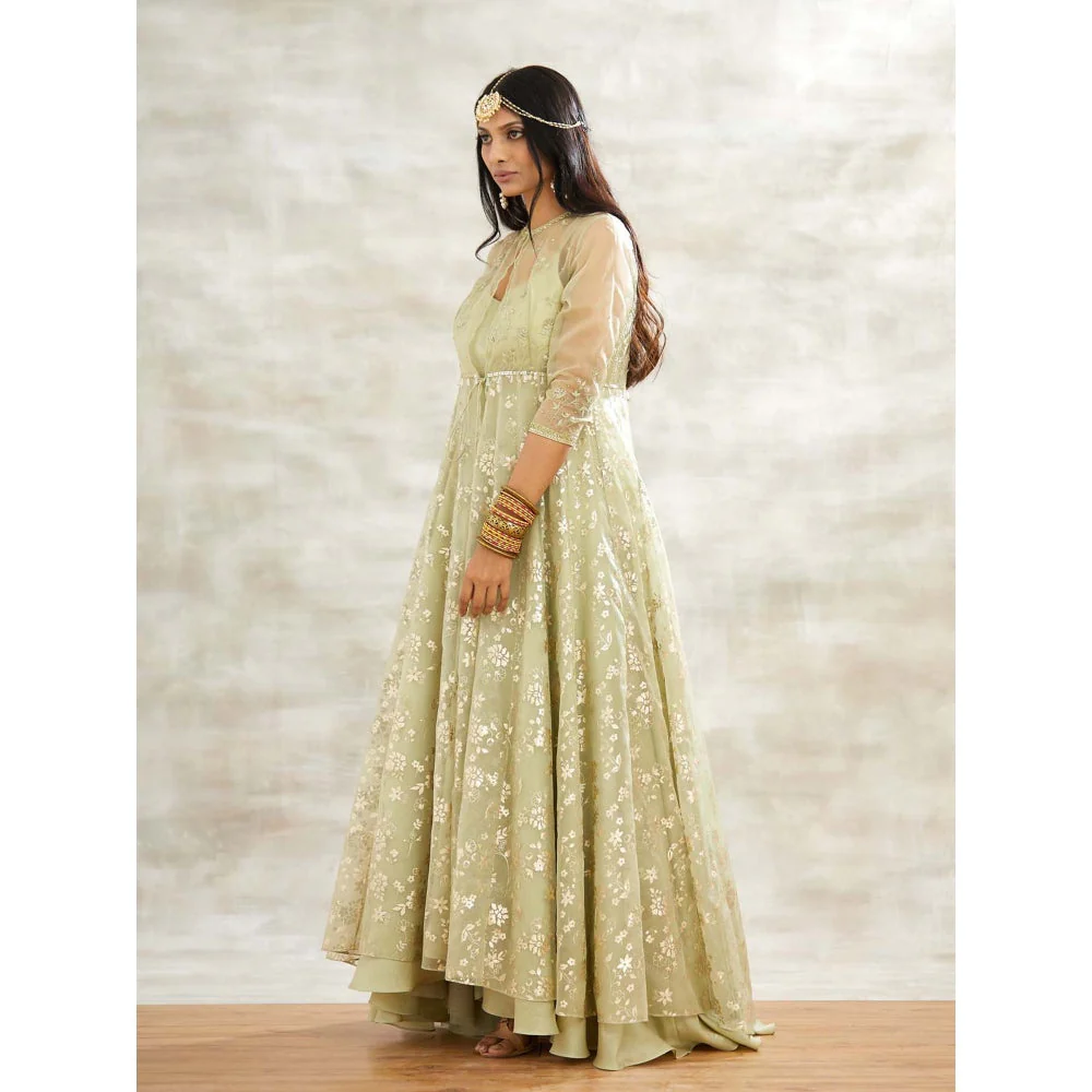 MANDIRA WIRK Green Embellished Gown with Jacket and Chudidar (Set of 3) - Image 3