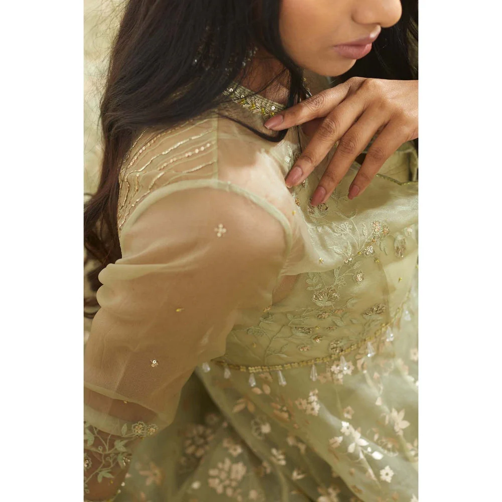MANDIRA WIRK Green Embellished Gown with Jacket and Chudidar (Set of 3) - Image 4