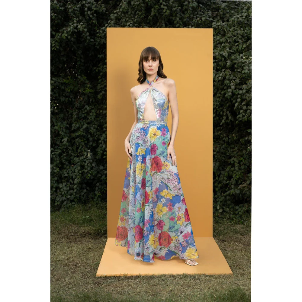 MANDIRA WIRK Hibiscus Printed Sequins Romper Gown - Image 3