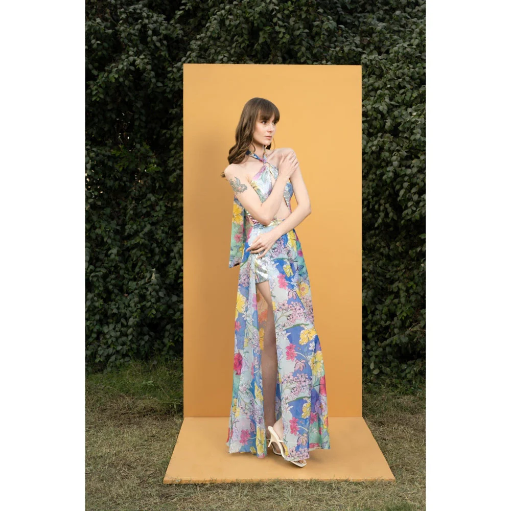 MANDIRA WIRK Hibiscus Printed Sequins Romper Gown - Image 4