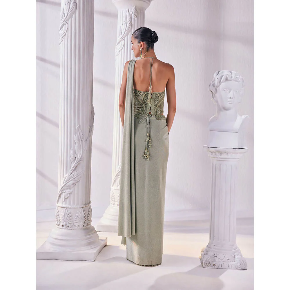 MANDIRA WIRK Jade Green Saree with Stitched Blouse and Belt - Image 3