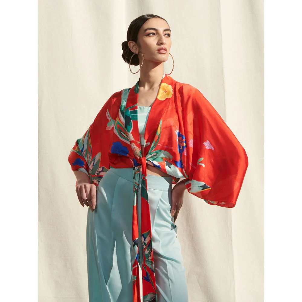 MANDIRA WIRK Kaftan Top Paired withPrinted Camisole andSatin Pants Red (Set of 3) - Image 4