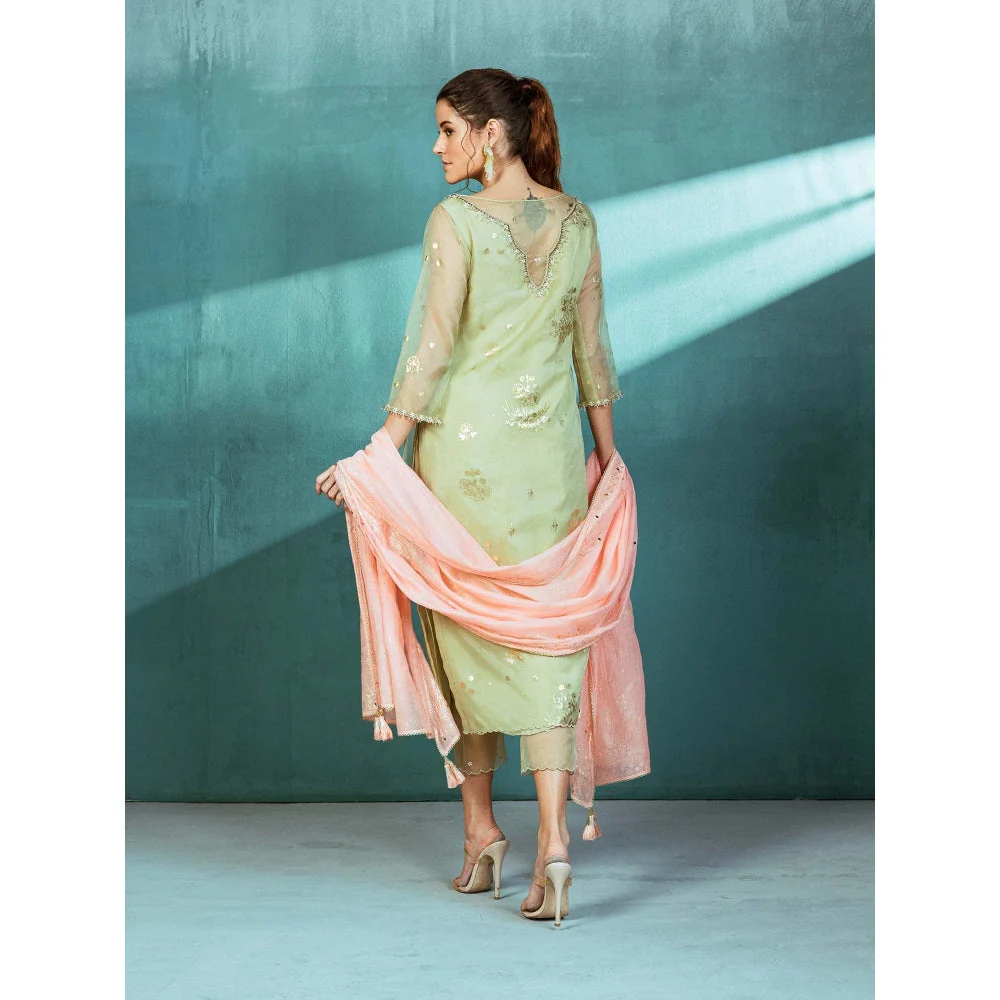 MANDIRA WIRK Mint Green Organza Foil Print Kurta (Set of 3) - Image 3
