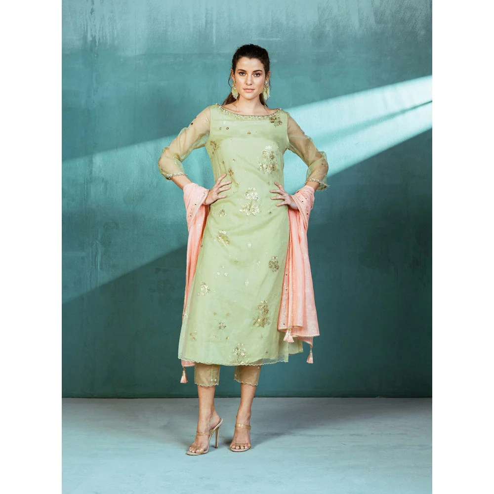 MANDIRA WIRK Mint Green Organza Foil Print Kurta (Set of 3) - Image 4