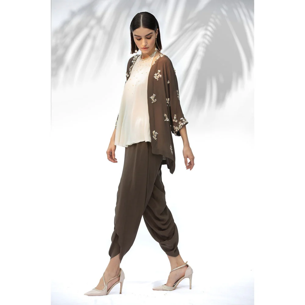 MANDIRA WIRK Moss Green Kimono With Halter Neck Top And Dhoti (Set Of 3) - Image 3
