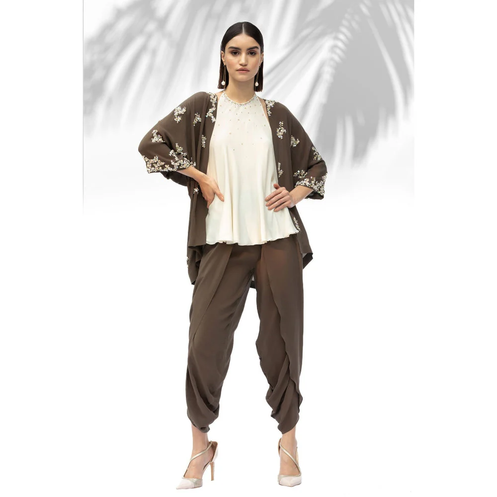 MANDIRA WIRK Moss Green Kimono With Halter Neck Top And Dhoti (Set Of 3) - Image 4