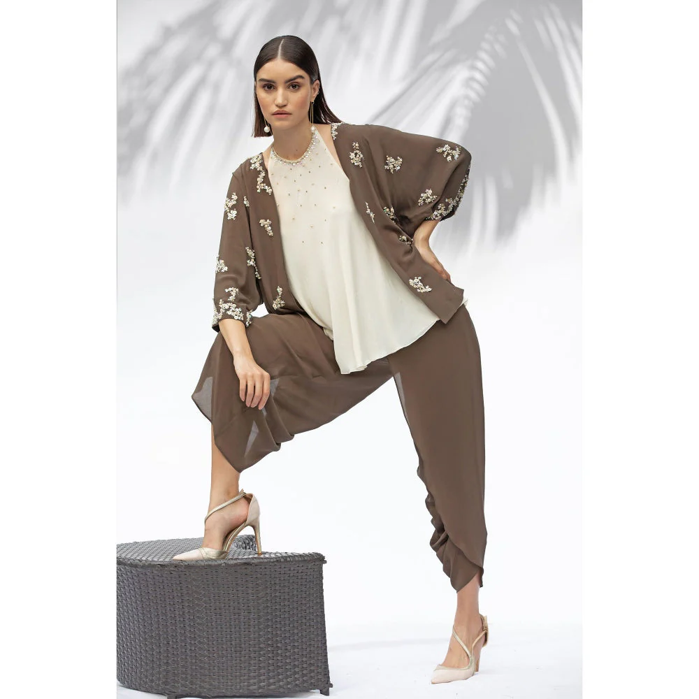 MANDIRA WIRK Moss Green Kimono With Halter Neck Top And Dhoti (Set Of 3) - Image 5