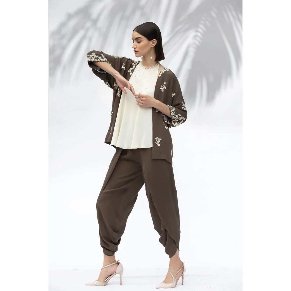 MANDIRA WIRK Moss Green Kimono With Halter Neck Top And Dhoti (Set Of 3) - Image 6