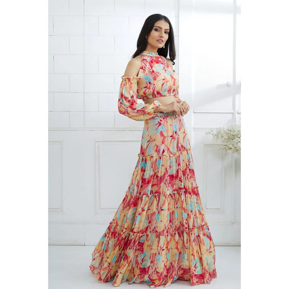 MANDIRA WIRK Multicolour Embroidered Top With Tiered Lehenga - Image 3