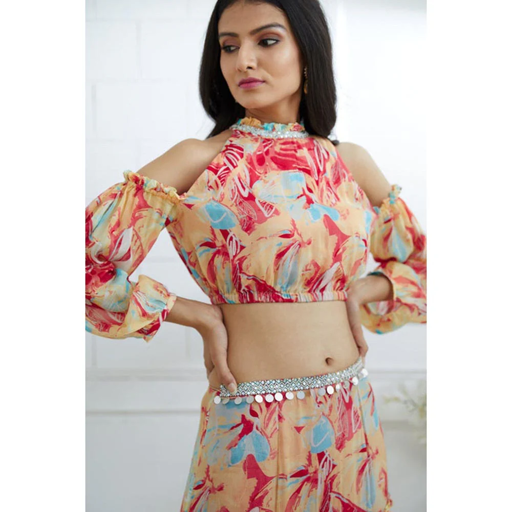 MANDIRA WIRK Multicolour Embroidered Top With Tiered Lehenga - Image 4