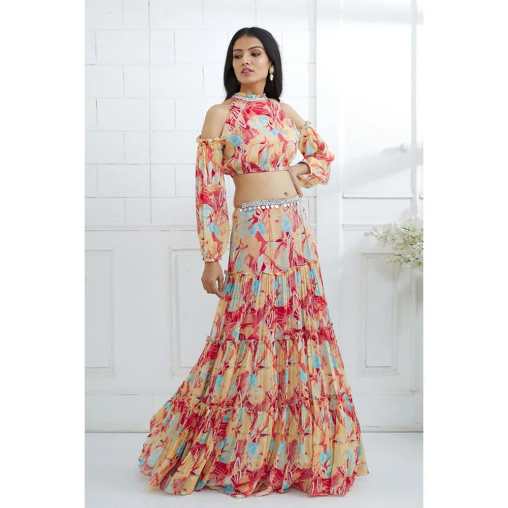 MANDIRA WIRK Multicolour Embroidered Top With Tiered Lehenga - Image 6