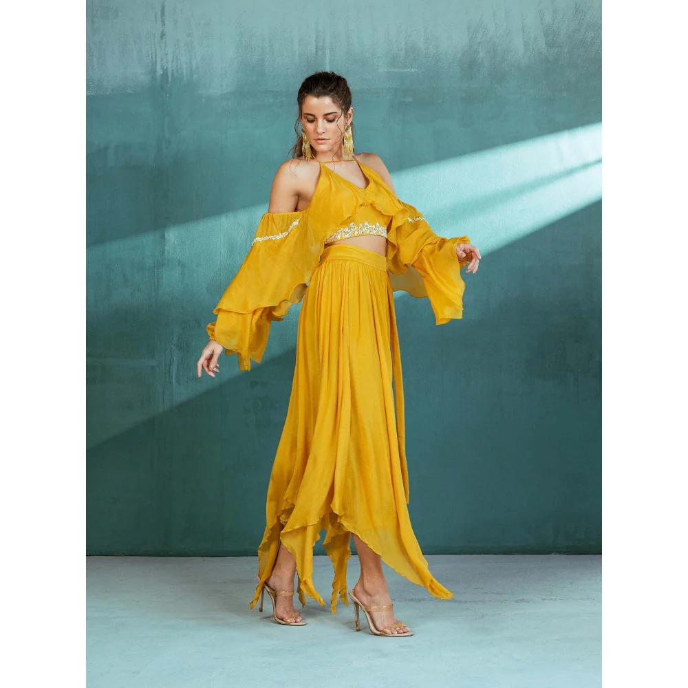 MANDIRA WIRK Mustard Chiffon Top and Skirt (Set of 2) - Image 3