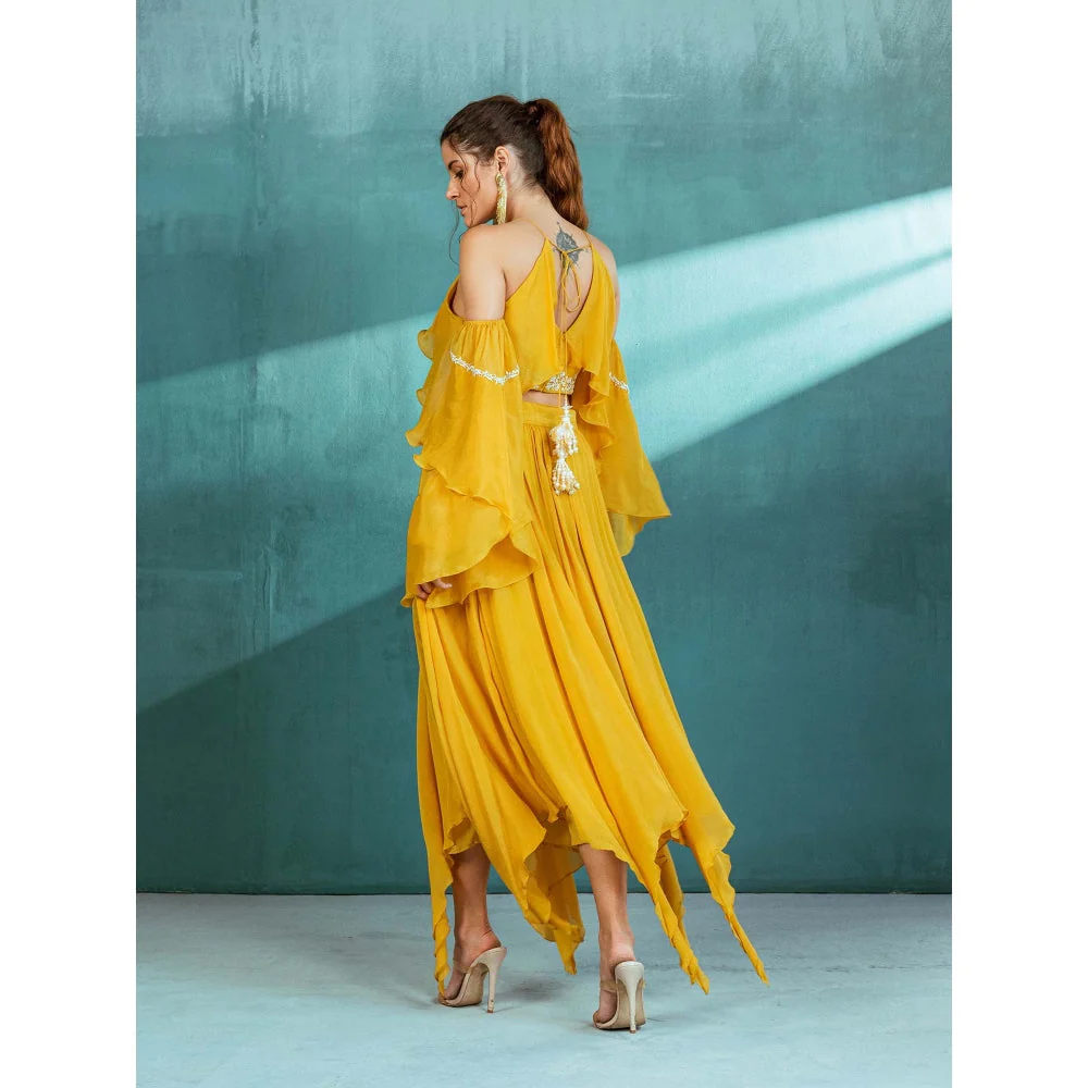 MANDIRA WIRK Mustard Chiffon Top and Skirt (Set of 2) - Image 4