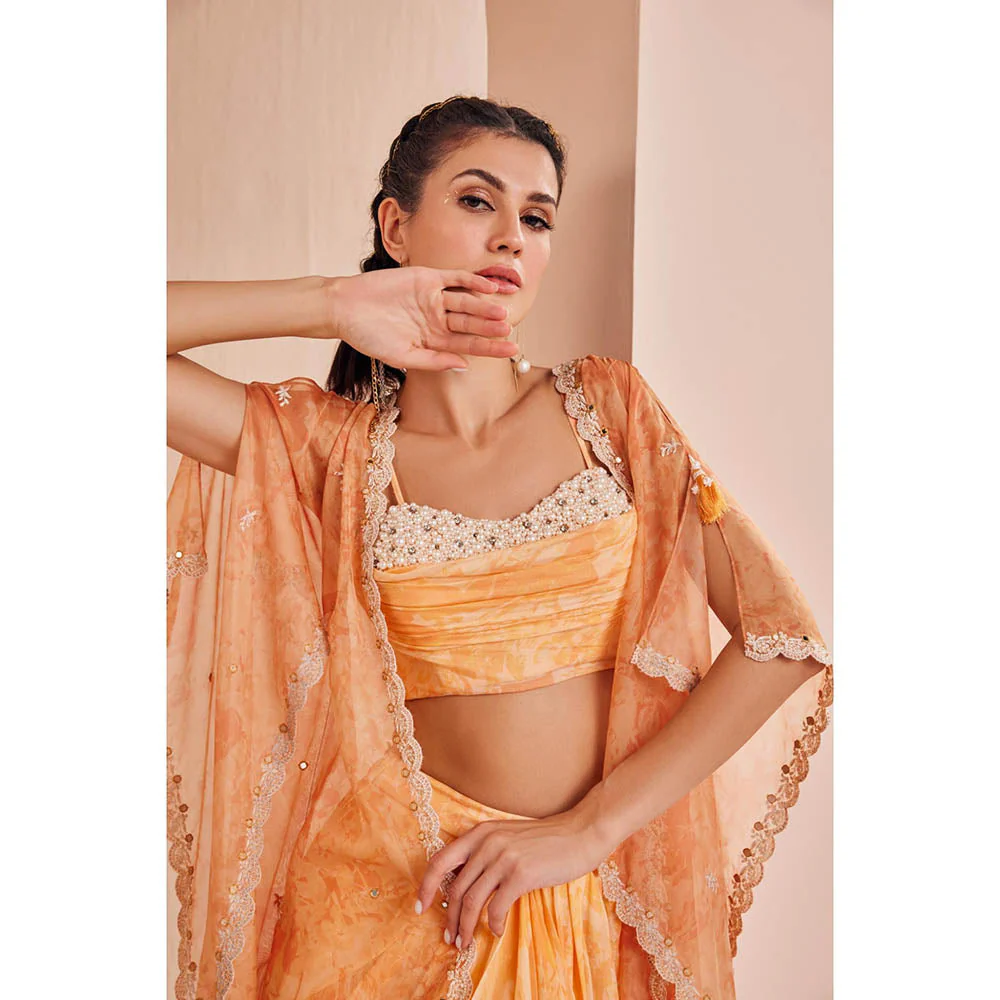 MANDIRA WIRK Orange Pancy Daisy Bustier and Skirt with Cape (Set of 3) - Image 3