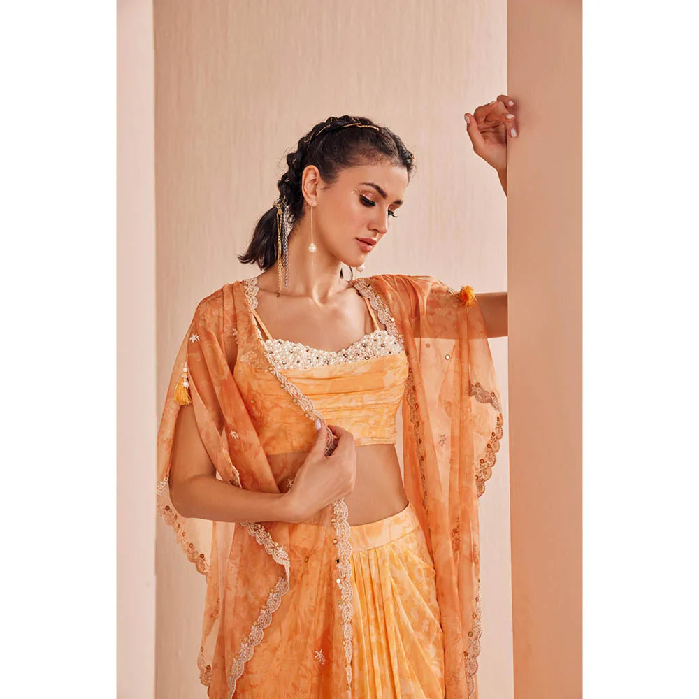 MANDIRA WIRK Orange Pancy Daisy Bustier and Skirt with Cape (Set of 3) - Image 4