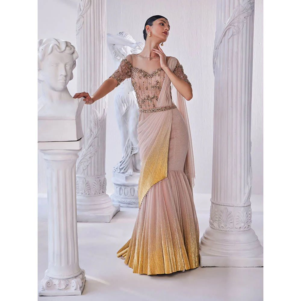 MANDIRA WIRK Peach and Gold Draped Gown with Attached Dupatta - Image 3