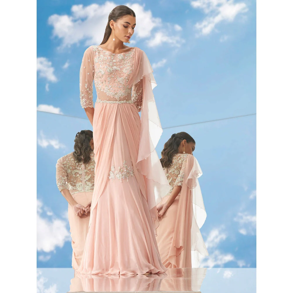 Mandira Wirk Peach Applique Twist Peach Fish Tail Drape Saree With Stitched Blouse (Set of 2) - Image 3
