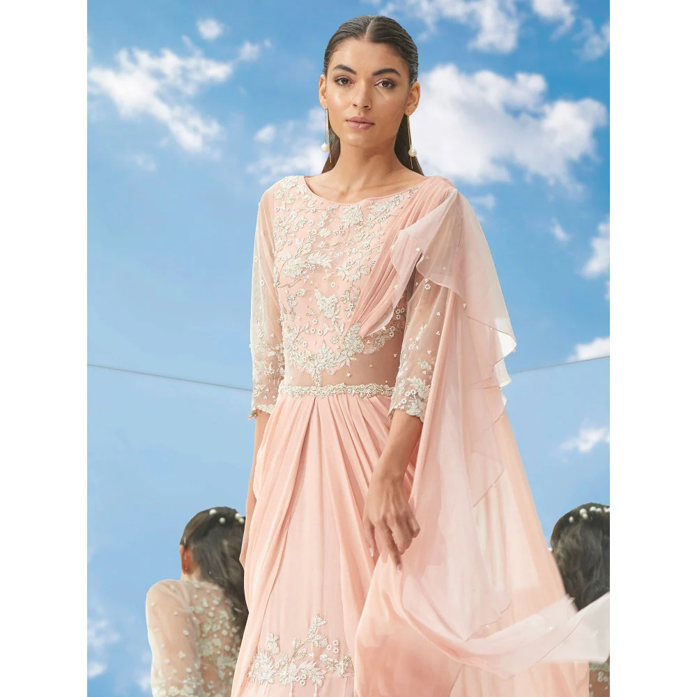 Mandira Wirk Peach Applique Twist Peach Fish Tail Drape Saree With Stitched Blouse (Set of 2) - Image 4